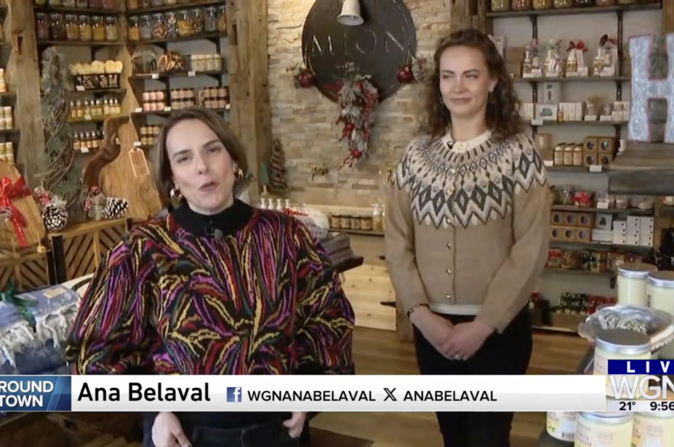 WGN's Ana Belaval and MION's Olga filming a segment for WGN's Around Town.