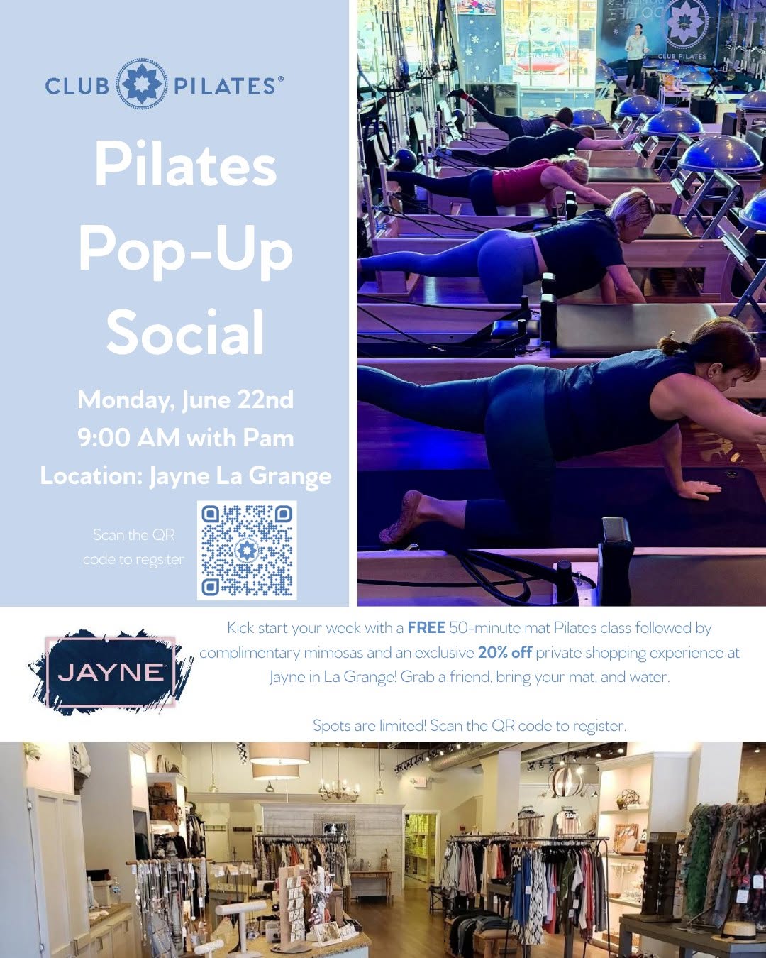 Pilates, Mimosas & Shopping with Club Pilates and Jayne on June 22nd Pilates, Mimosas & Shopping with Club Pilates and Jayne on June 22nd