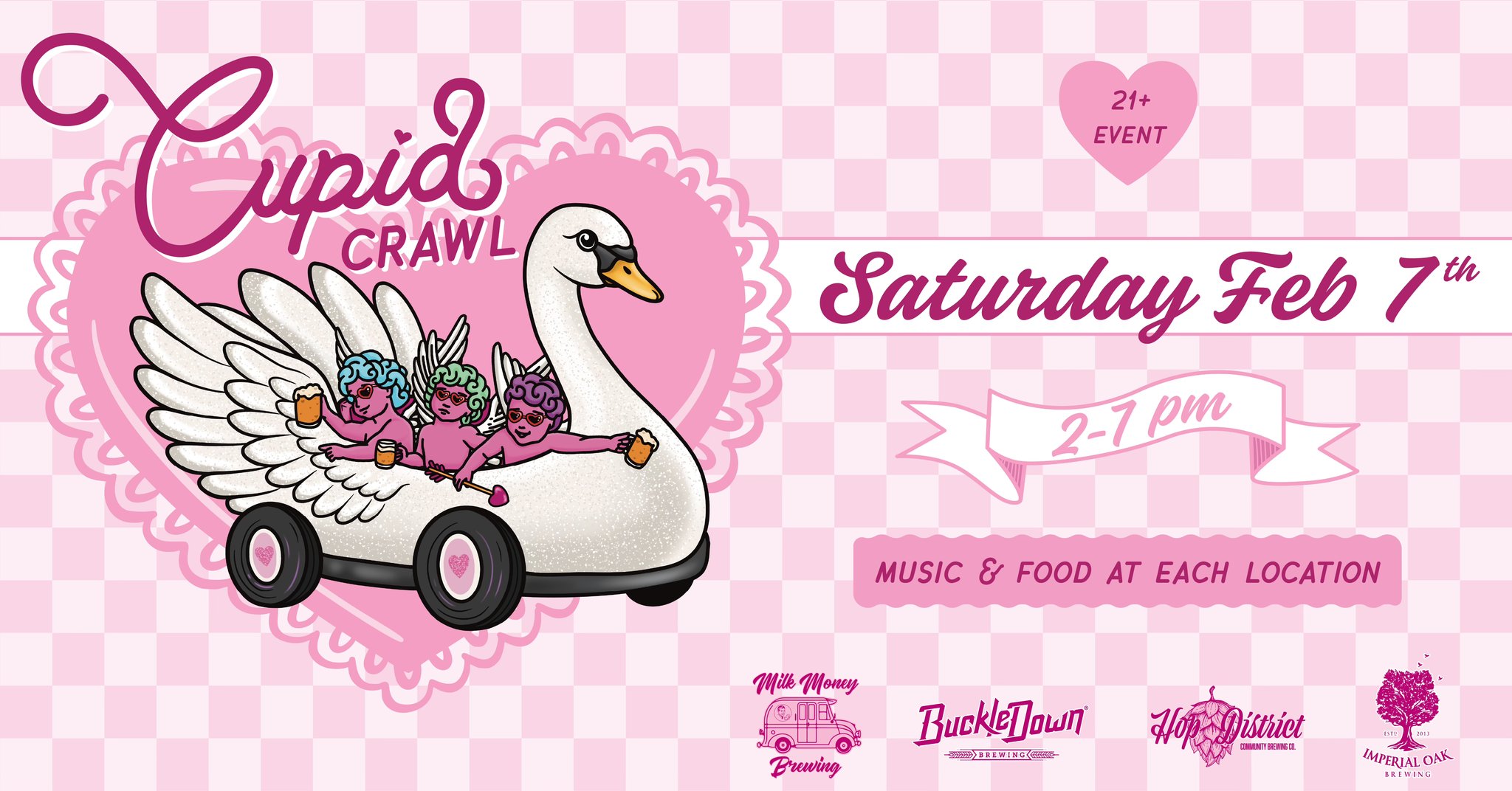 Cupid Crawl graphic, featuring three cupids with beers riding in a swan float.