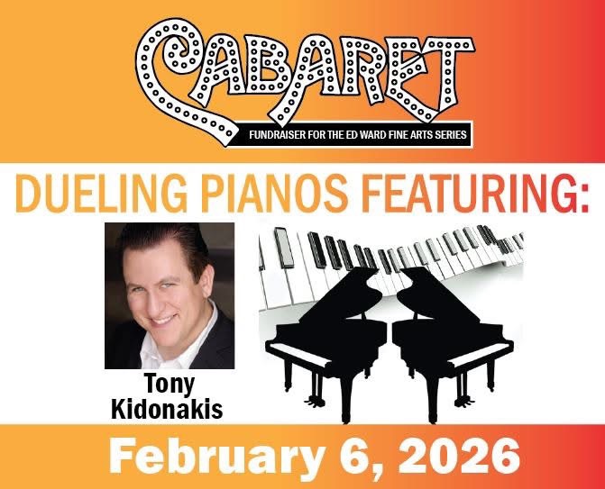 Dueling Pianos graphic showing aritst, date, and log ofor cabaret fundraiser.