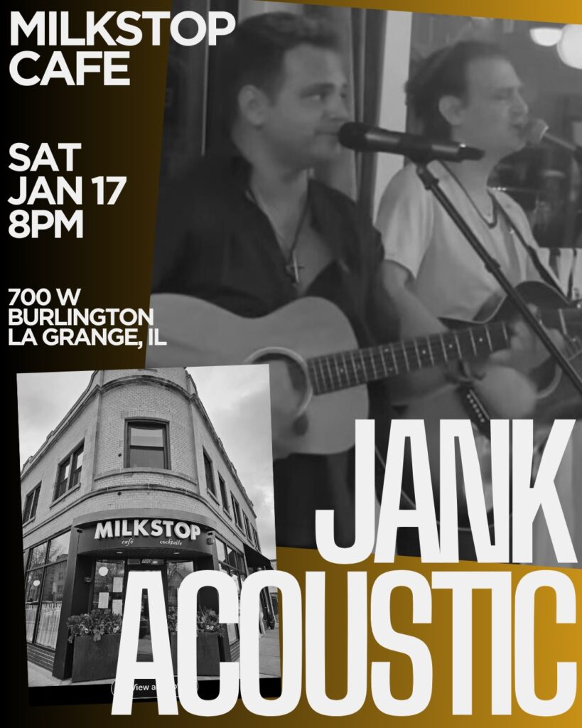Graphic featuring photo of two musicials and Milkstop Cafe